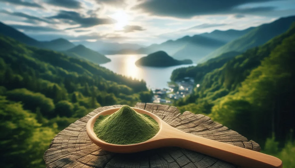 Wooden spoon with green powder on a tree stump, overlooking a mountain lake and forested valley.