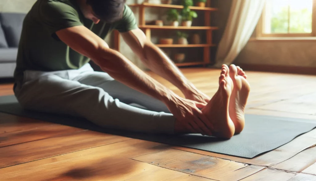 Person performing a seated forward bend on a yoga mat, stretching toward feet in a sunlit room with wooden floor