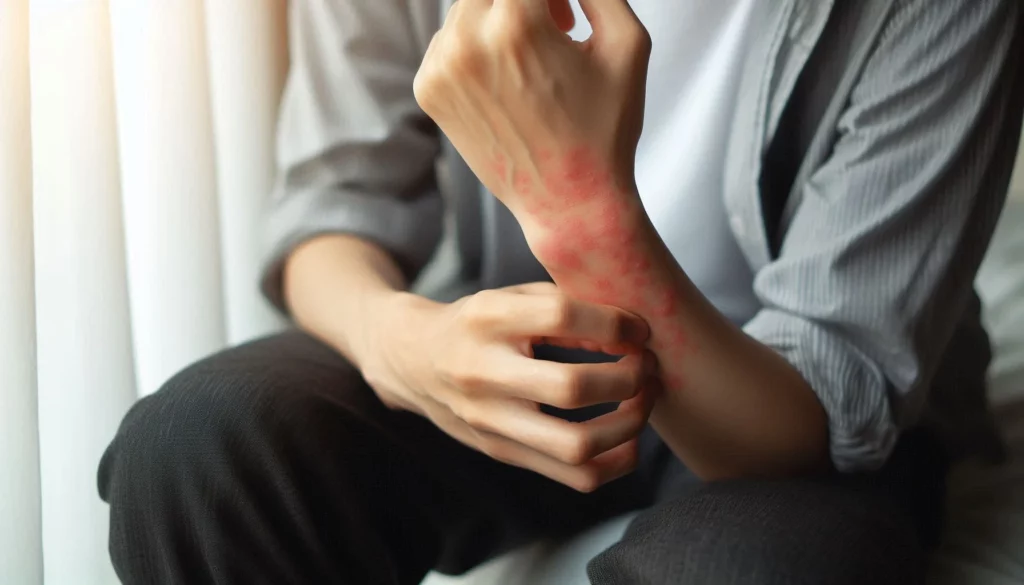 Person scratching red, inflamed skin rash on wrist and hand, wearing a striped shirt near a window with sheer curtains