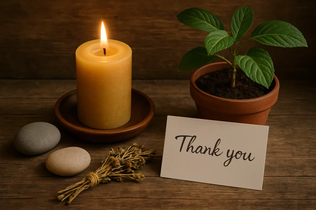 Lit candle, potted plant, smooth stones, dried herbs, and a "Thank you" note on a wooden surface