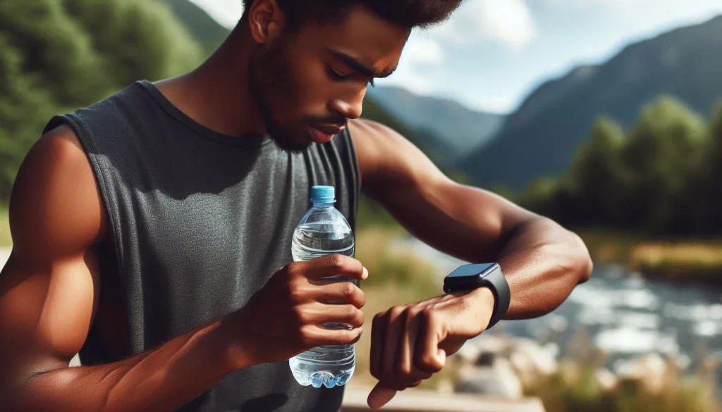 An athletic man in a sleeveless shirt holding a water bottle and checking a smartwatch in a scenic mountain landscape