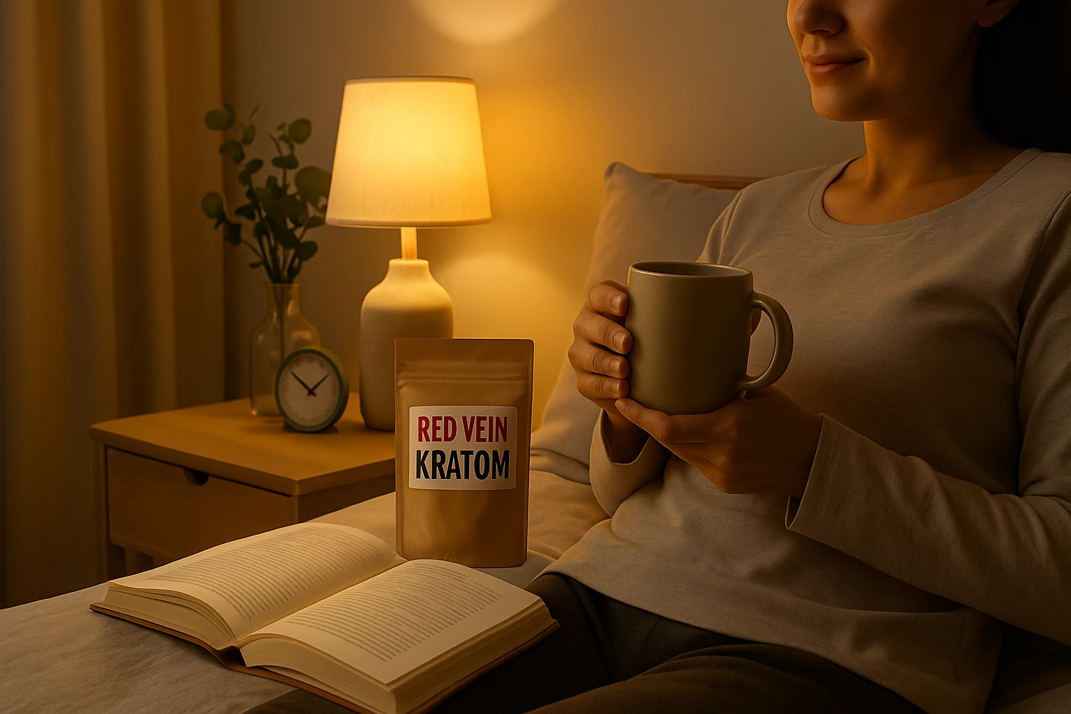 A person holding a tea cup, a bag of red vein kratom and an open book highlighting nontraditional kratom uses