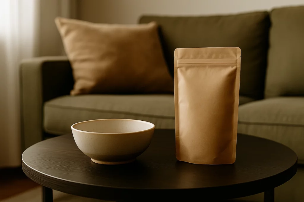 Empty kraft packet and white ceramic bowl on a dark round table with a sofa in the background