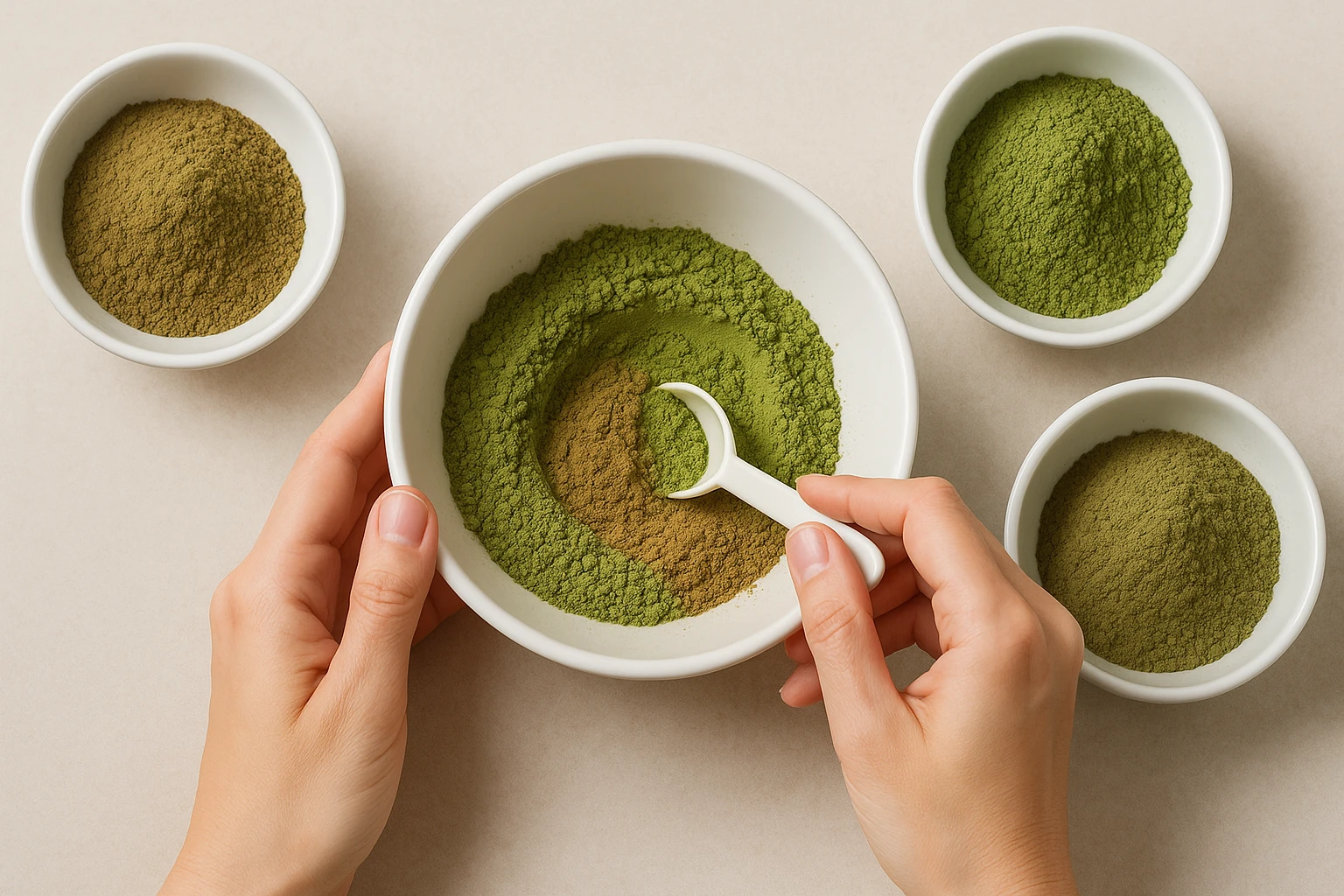 A person mixing different kratom powders with a spoon in a white bowl to create a gold vein kratom blend
