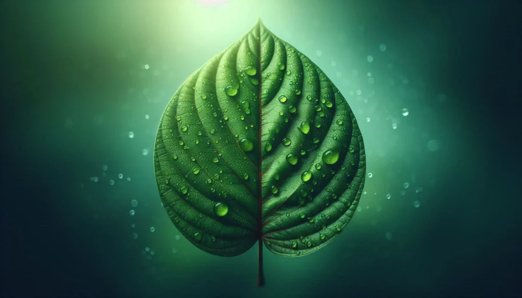 Close-up of a green kratom leaf with water droplets under soft glowing light