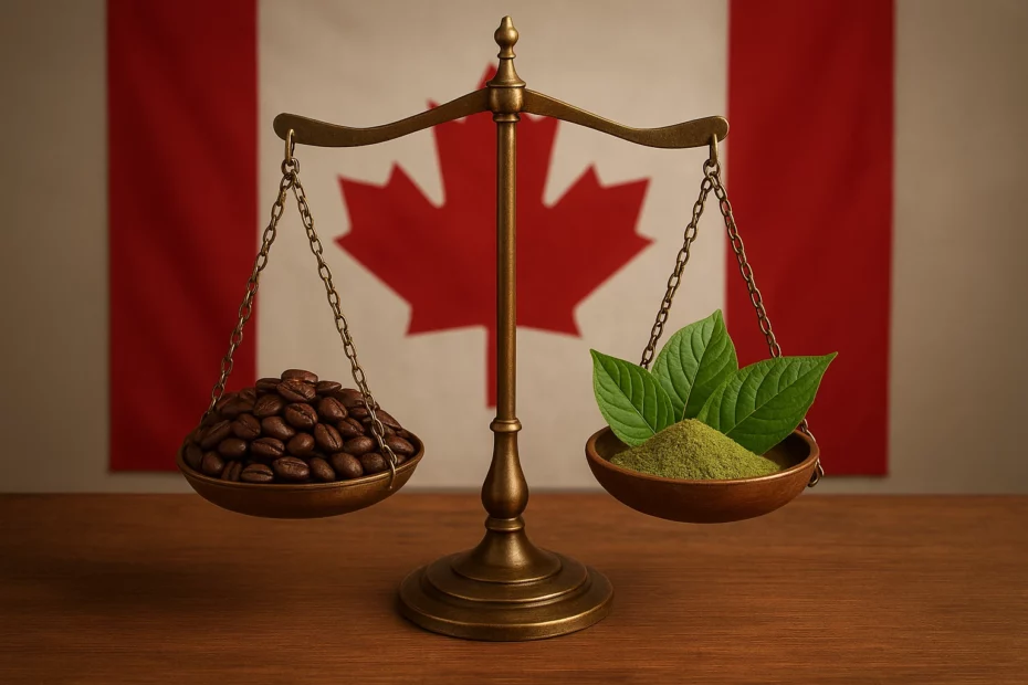 A balance scale with coffee beans on one side and kratom powder with leaves on the other, highlighting kratom regulation.