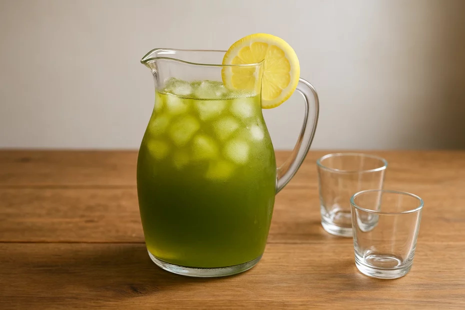 Glass pitcher filled with cold brew kratom tea and ice, garnished with a lemon slice, accompanied by two empty glasses on a wooden table