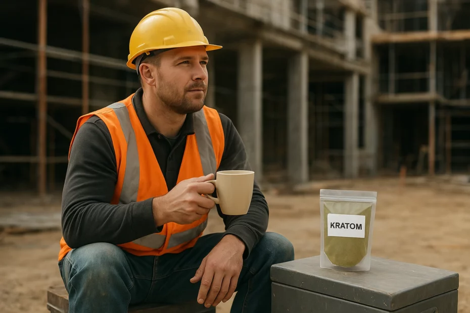 Construction worker using kratom for physical jobs by holding a mug, sitting with kratom packet nearby at a building site