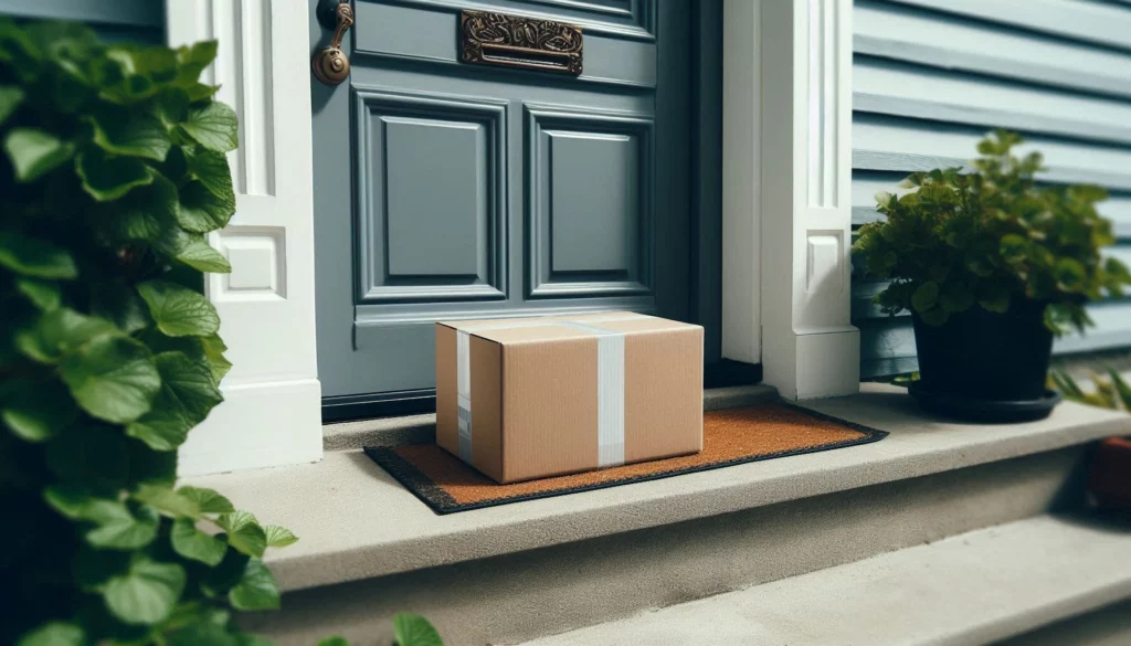 A taped cardboard package on a doormat in front of a gray door with brass mail slot, flanked by green plants