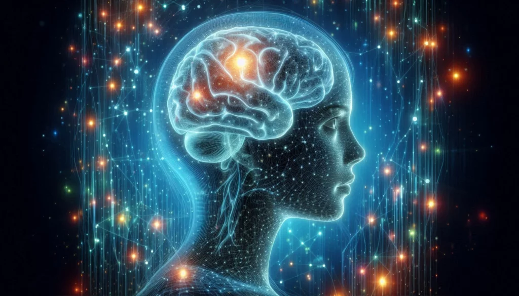 Transparent human head with a glowing digital brain and colourful neural connections.