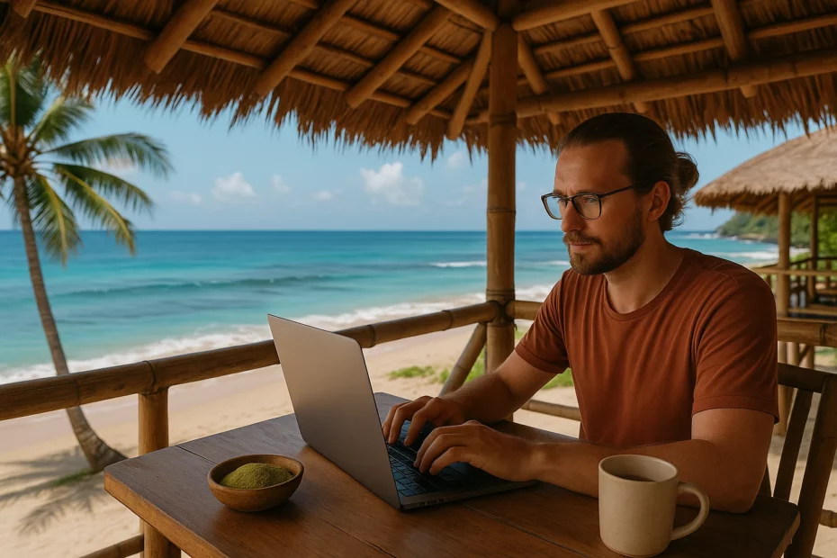 Digital nomad productivity with a person working on a laptop under a thatched roof with ocean view.