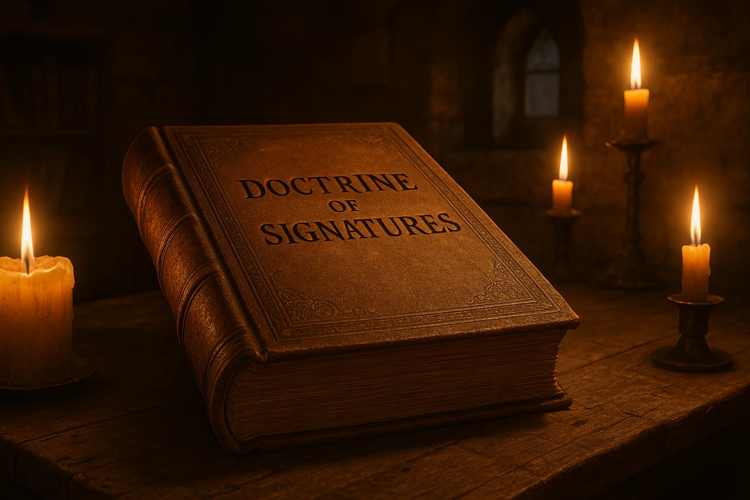A book titled "Doctrine of Signatures" resting on a wooden table, illuminated by flickering candlelight.