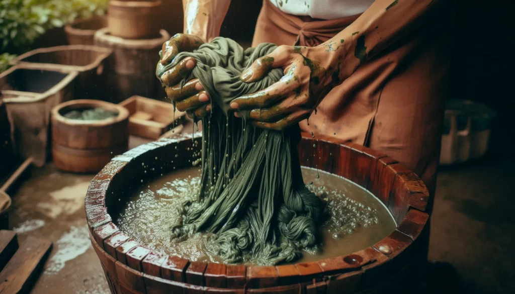 Hands dyeing textile in a wooden vat with natural kratom dye, surrounded by rustic barrels and greenery