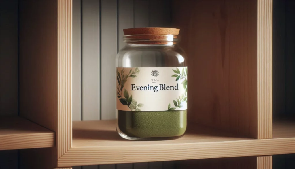 A glass jar with a wooden lid containing green kratom powder, labelled "Evening Blend," placed on a wooden shelf.