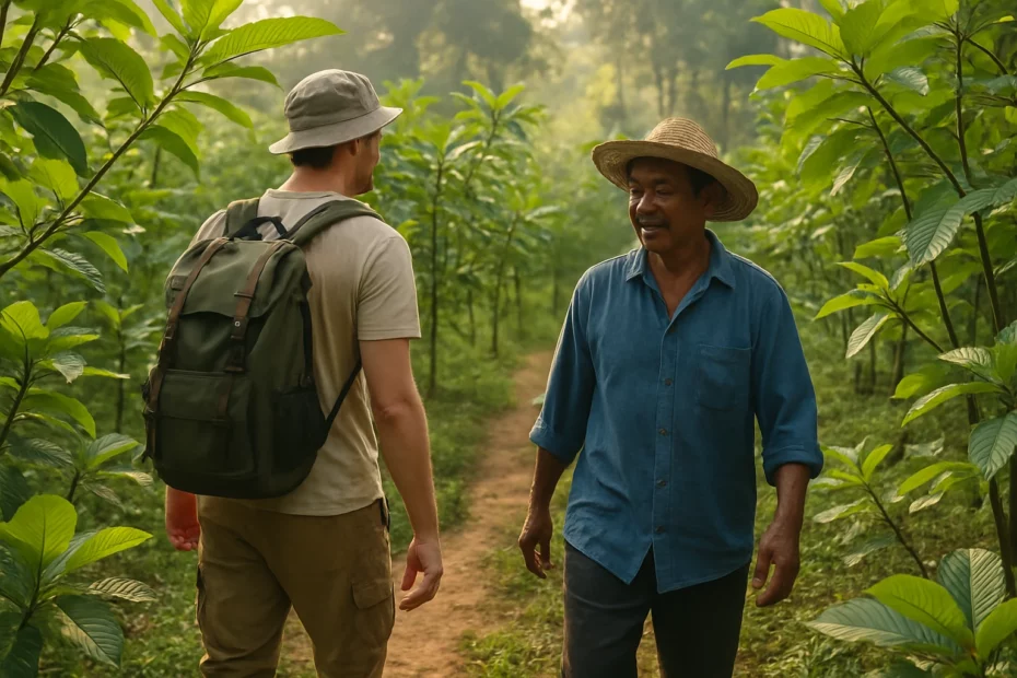 Kratom tourism on display with a traveller with a backpack walking alongside a local guide wearing a straw hat in a kratom farm.