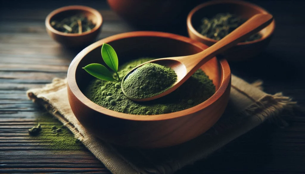 Wooden bowl filled with green kratom powder and a wooden spoon, accompanied by fresh leaves