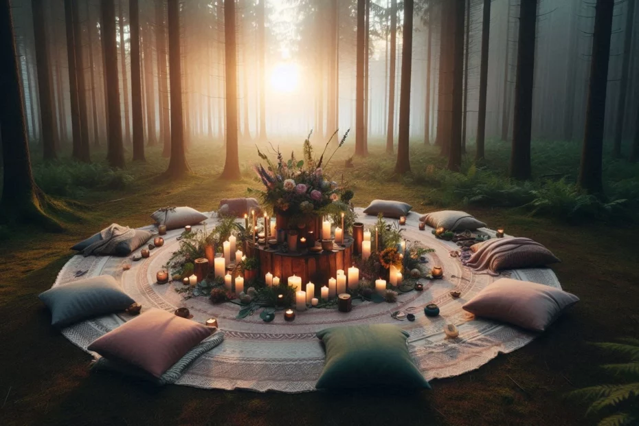 A circular arrangement of a plant medicine ceremony with cushions and candles with floral centrepiece in a misty forest at sunrise