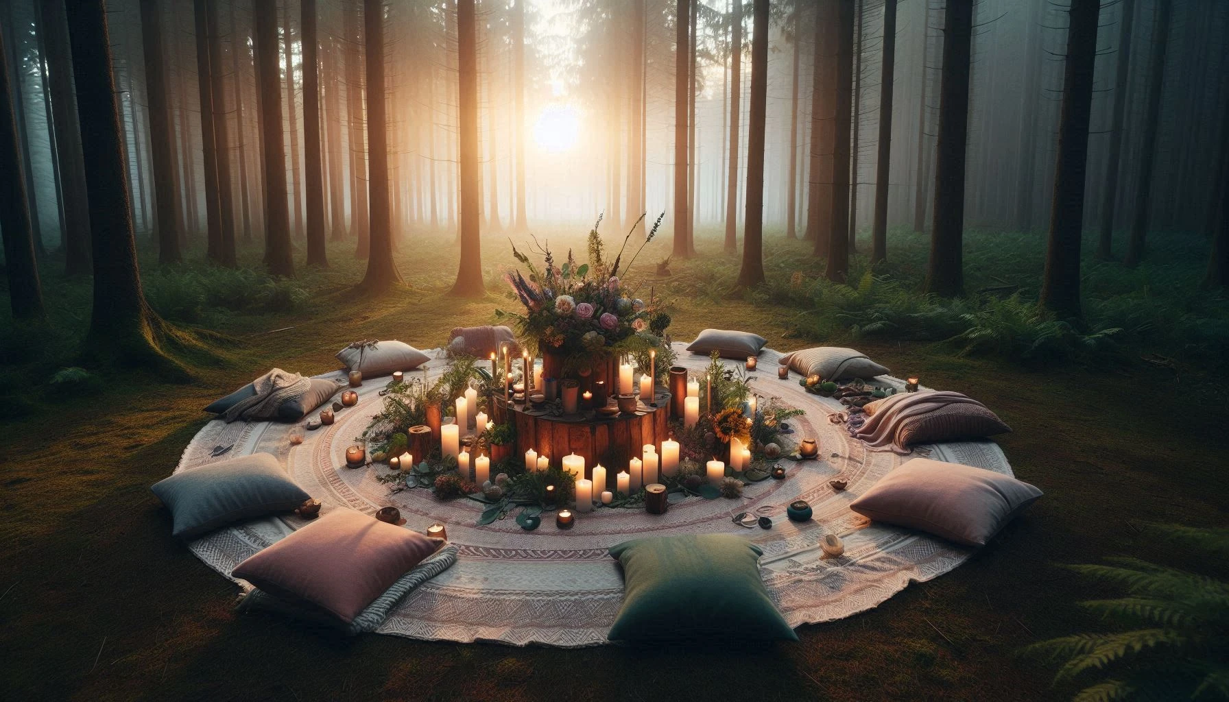 A circular arrangement of a plant medicine ceremony with cushions and candles with floral centrepiece in a misty forest at sunrise