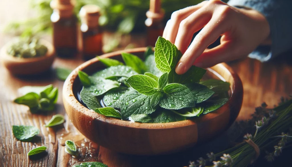 A hand selecting fresh green leaves from a wooden bowl, surrounded by herbal bottles and scattered foliage.