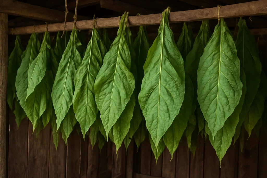 Fresh green tobacco leaves hanging from a wooden beam in a drying shed