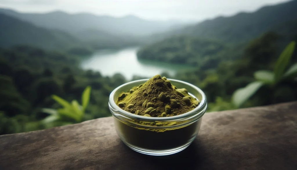 Bowl of green kratom powder on a wooden surface, with a lush mountain landscape and river in the background