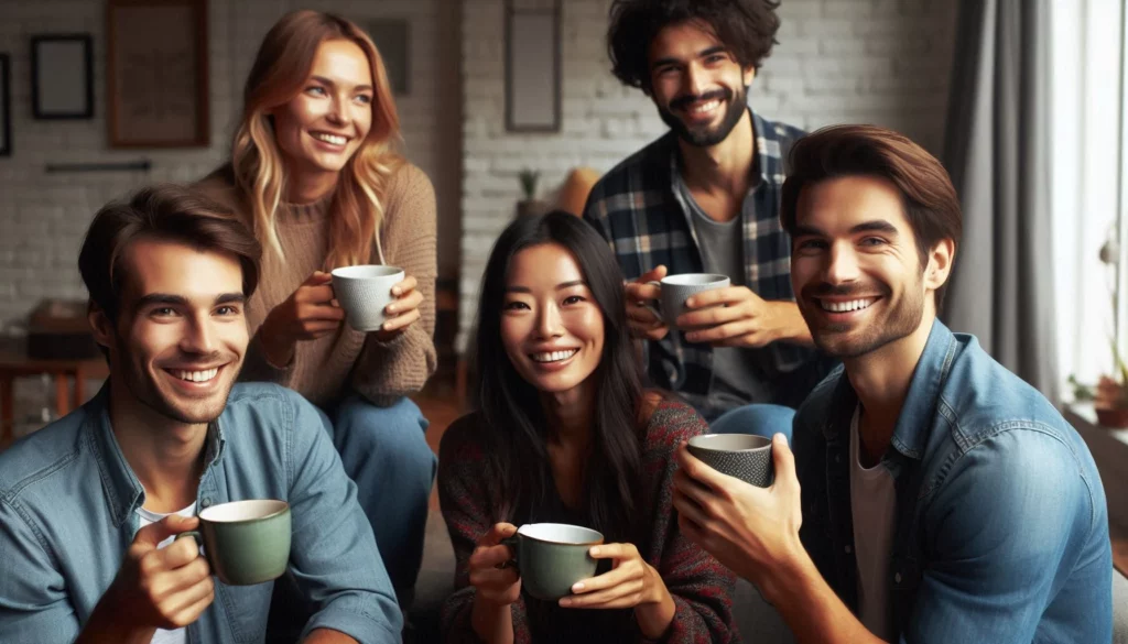 Happy group of friends holding kratom tea cups in a cozy room indoors
