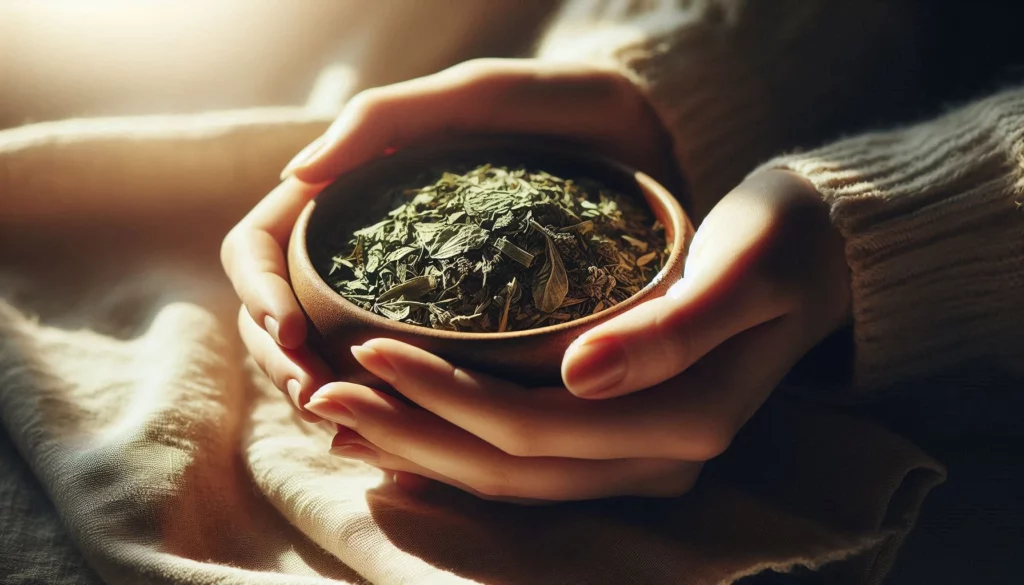 Hands holding a wooden bowl filled with dried green herbs in soft sunlight.