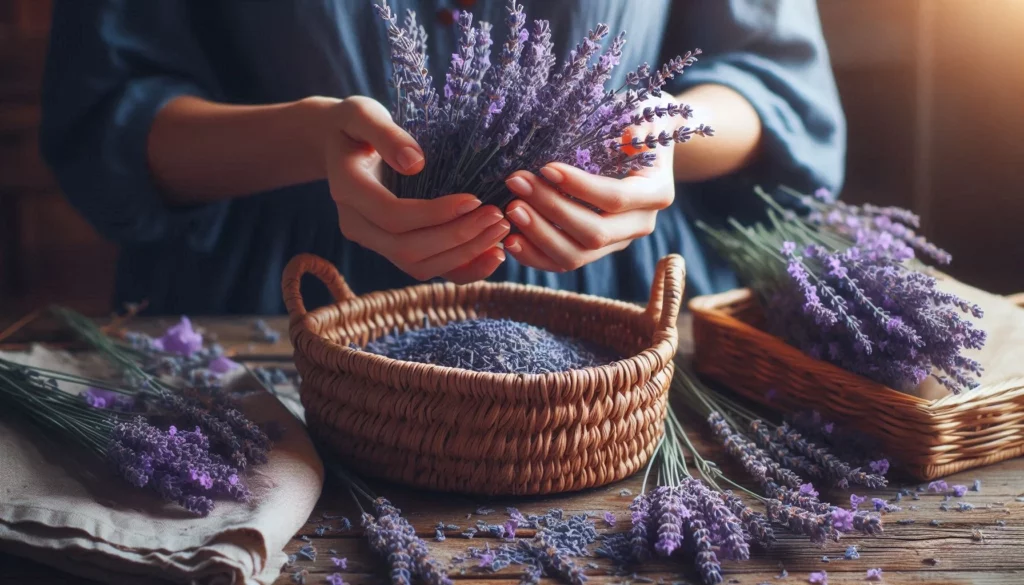 Person holding fresh lavender bunches over a basket filled with dried lavender on a table