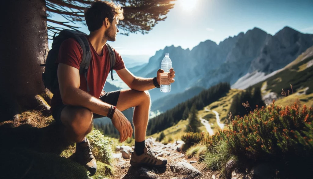 Hiker in red shirt resting against a tree, holding a water bottle, with majestic mountains and a clear sky in the background.