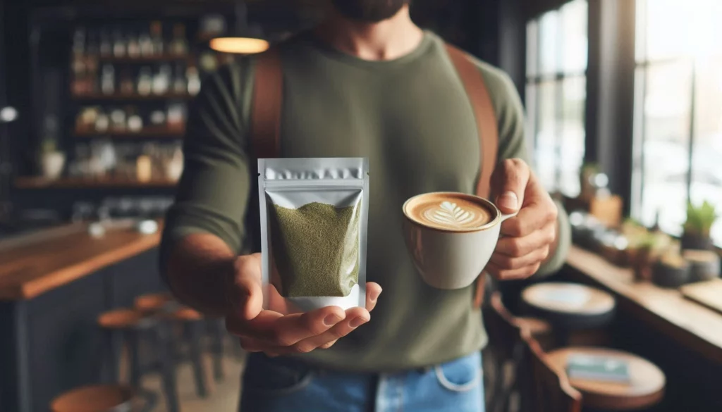 A person in a green shirt holding a bag of kratom powder in one hand and a cup of coffee with latte art in the other in a café.
