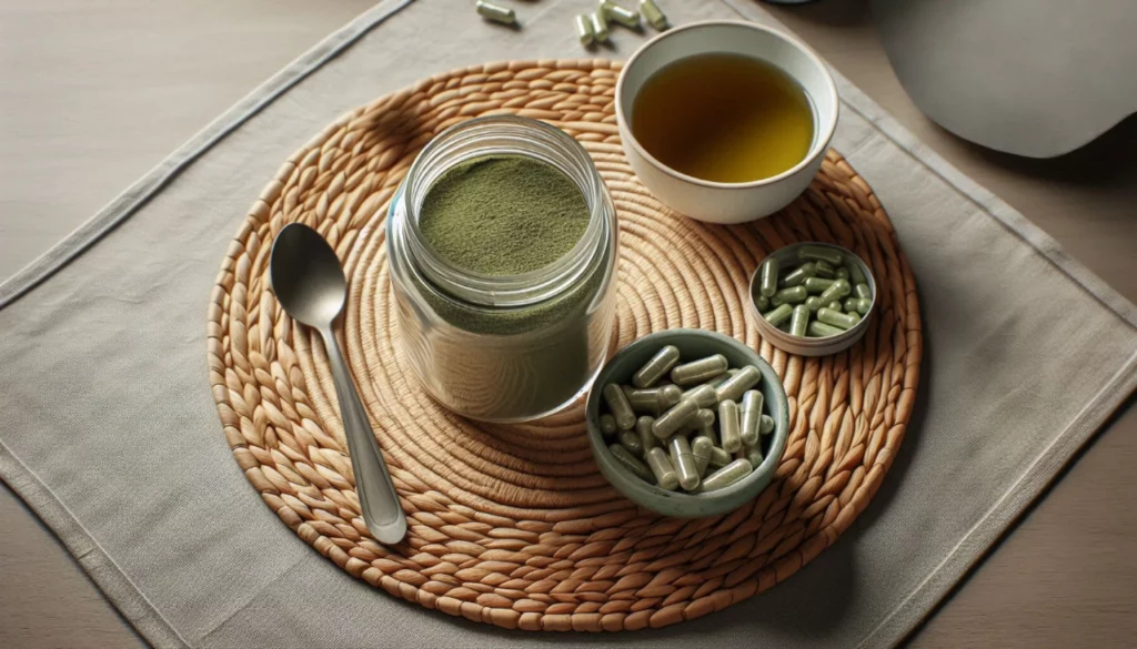 Glass jar of green kratom powder with a spoon, alongside capsules and a cup of tea on a woven mat.