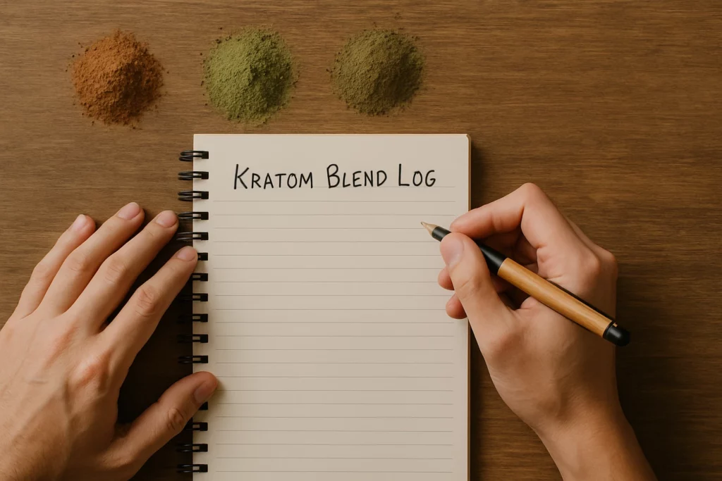 Open notebook with "Kratom Blend Log" title written on it, held by hands with a pen, surrounded by piles of kratom powder