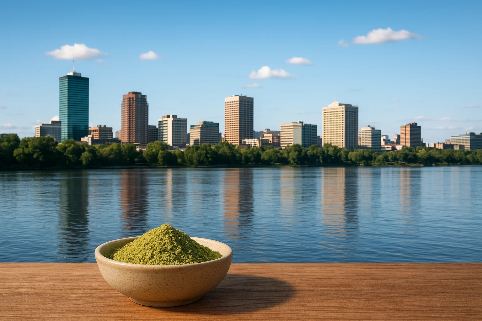 The best kratom in Gatineau with a bowl of powder in front of the cities skyline and river in the background under a clear blue sky