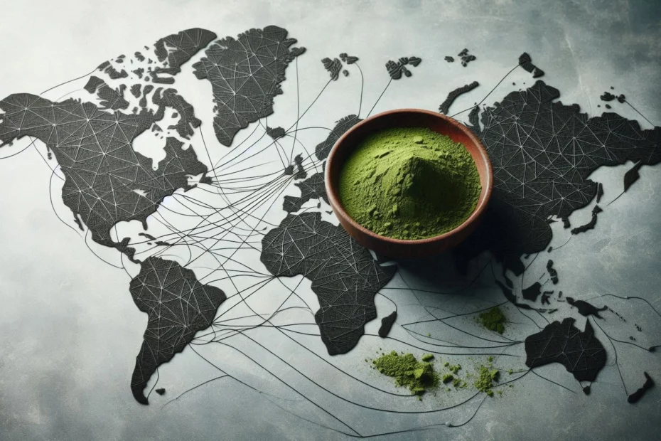 Wooden bowl of kratom powder placed over a stylized world map with interconnected lines, a bridge for kratom terminology evolution.