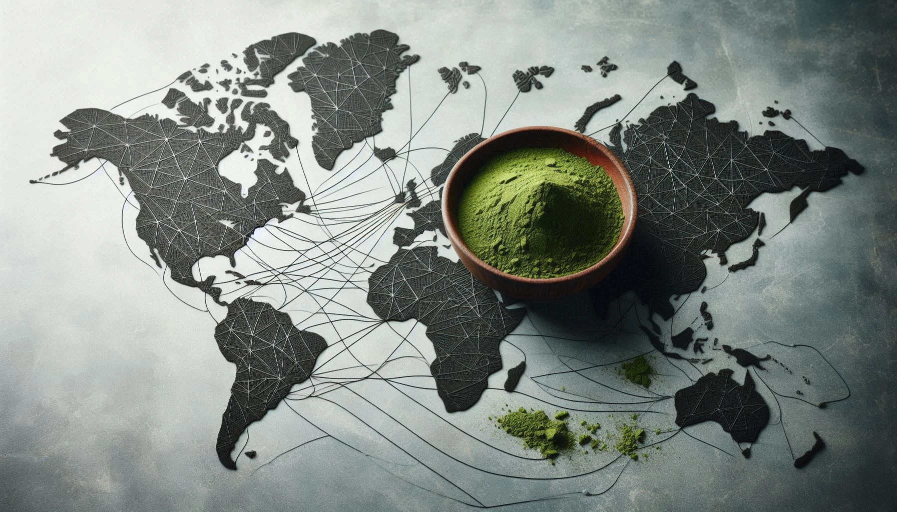 Wooden bowl of kratom powder placed over a stylized world map with interconnected lines, a bridge for kratom terminology evolution.