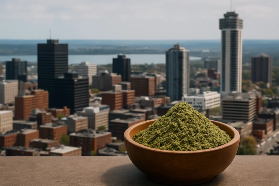 The best kratom in Hamilton with a bowl of kratom alongside Hamilton city skyline and Lake Ontario in the background