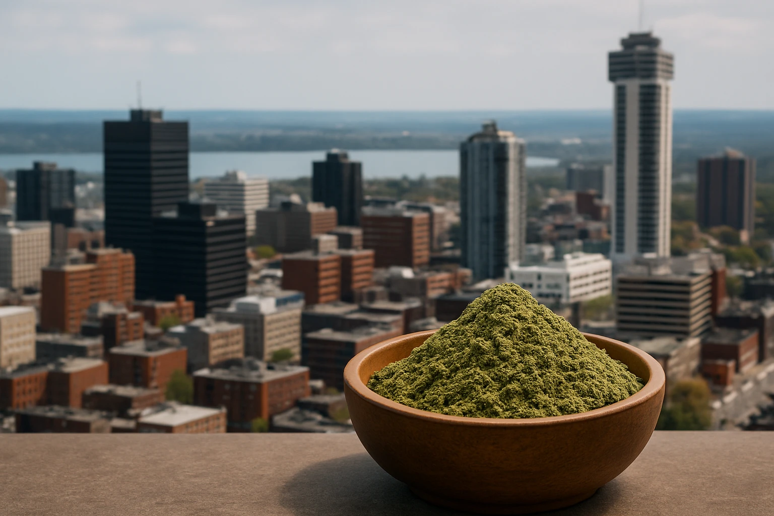 The best kratom in Hamilton with a bowl of kratom alongside Hamilton city skyline and Lake Ontario in the background