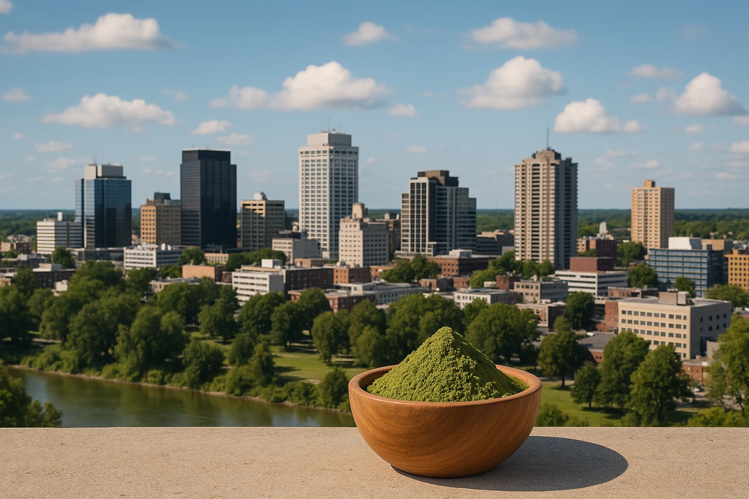 Finding kratom in London, Ontario with a bowl of powder with the city skyline in the background