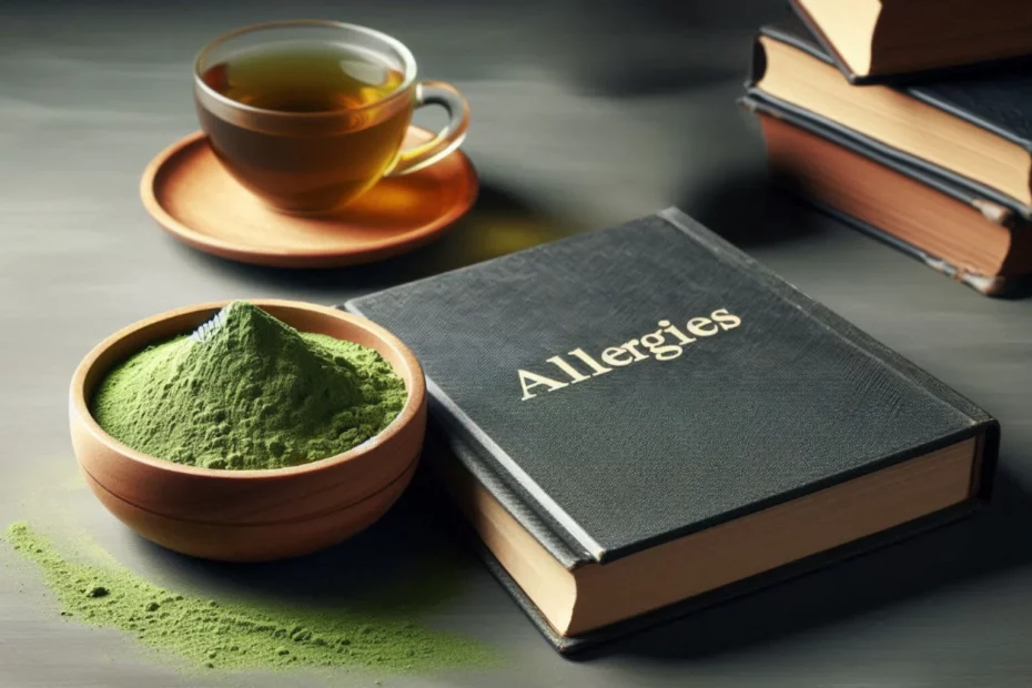 The link between kratom allergy with a bowl of kratom powder beside a cup of brewed tea and Allergies book.