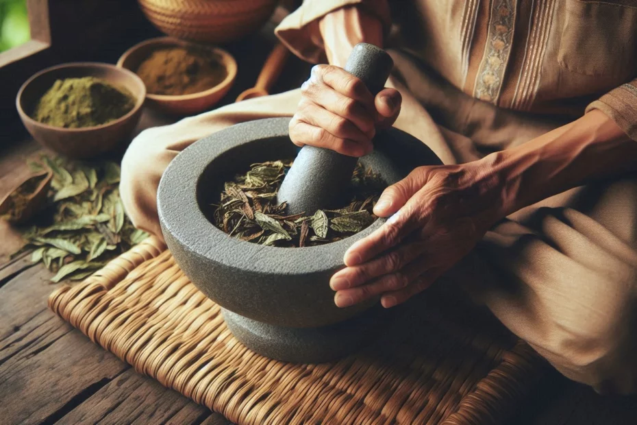 Person partaking in traditional kratom grinding with leaves in a stone mortar with pestle, surrounded by wooden bowls of herbs.