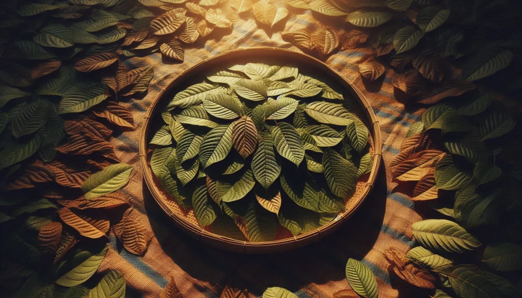 Woven basket filled with fresh kratom leaves surrounded by scattered dried leaves on a textured mat