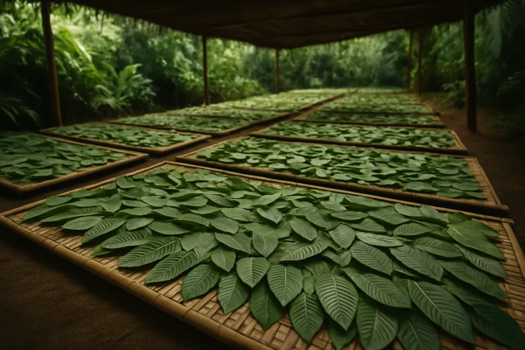 Rows of fresh kratom leaves spread out on bamboo trays under a shaded structure