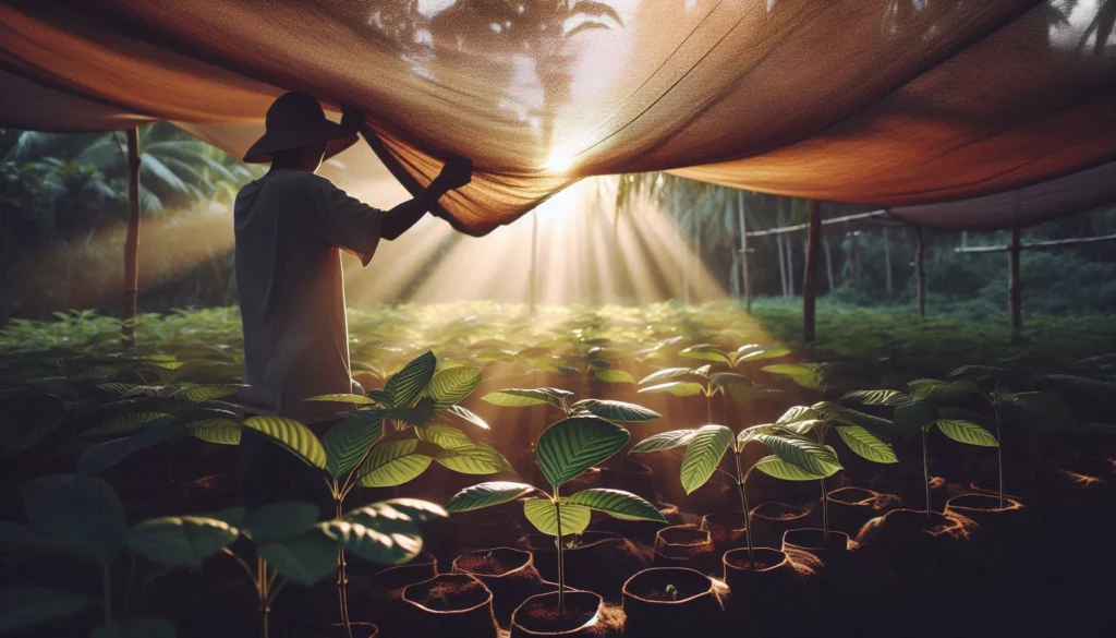 Person adjusting a shade cloth over young kratom plants in a lush greenhouse at sunrise