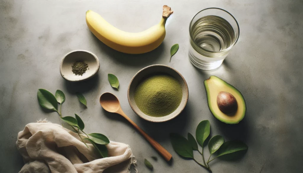 Bowl of kratom powder with banana, avocado, water glass, and green leaves on a gray surface