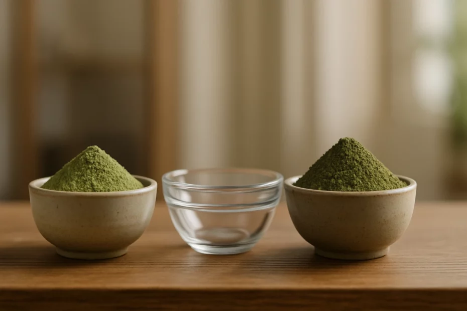 Two ceramic bowls filled with different kratom powders in between an empty glass bowl on a wooden table, perfect for blending kratom strains