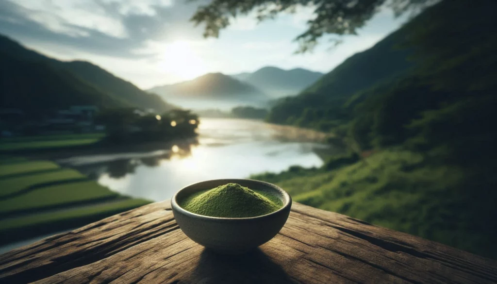 Bowl of green kratom powder on wooden table with misty mountain valley backdrop