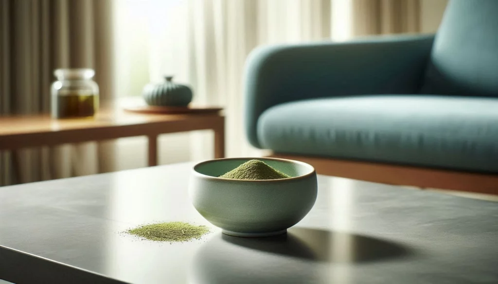Bowl of kratom powder on a sleek table with a teal armchair and side table