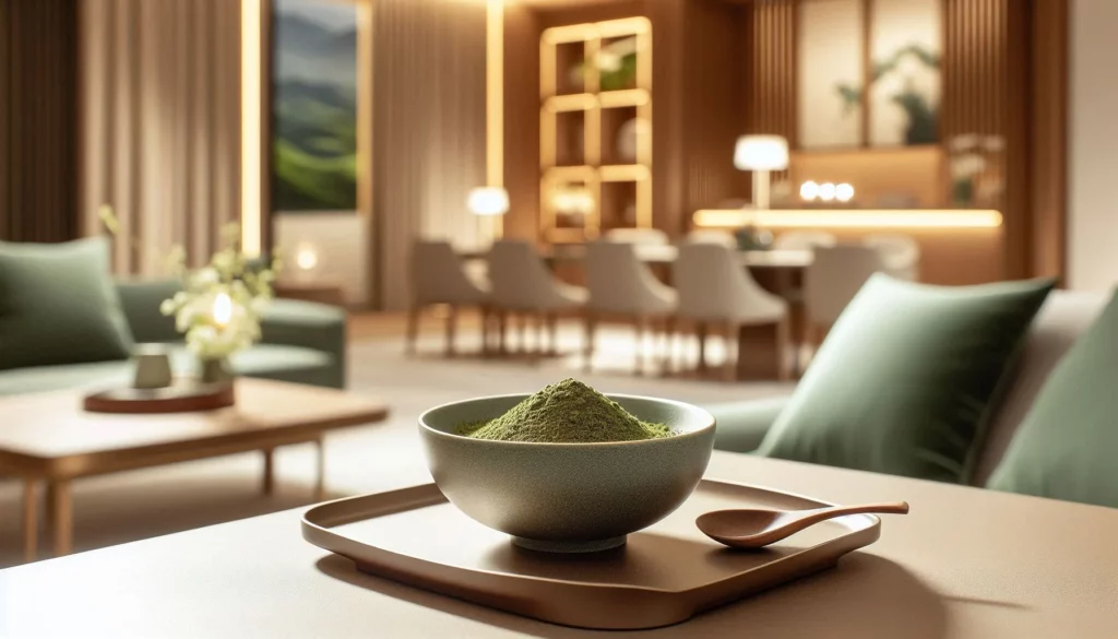 Bowl of green kratom powder on a wooden tray with a spoon, placed on a table in a modern living room with sofas and dining area