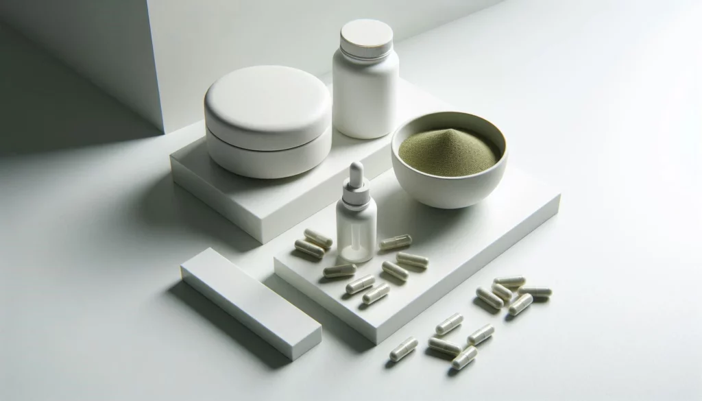 Minimalist arrangement of kratom powder in a bowl, capsules scattered around, and white bottles with droppers on a sleek platform