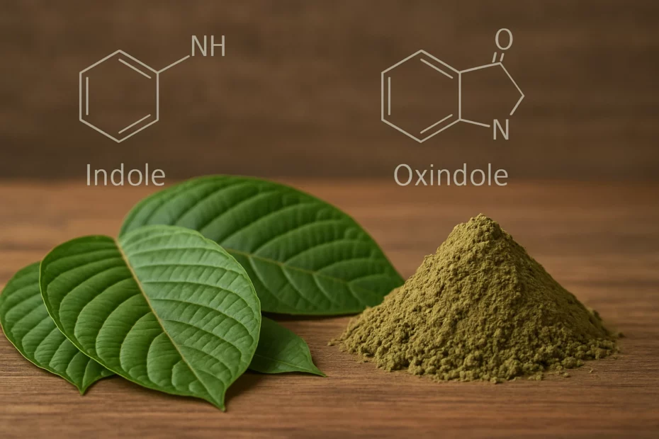 Green kratom powder and leaves beside indole and oxindole alkaloids chemical diagrams.